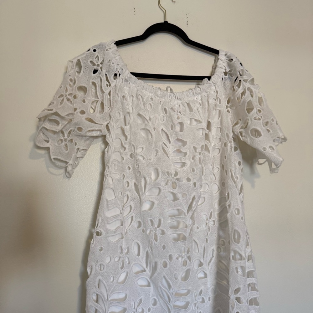 White Eyelet Midi Dress with Scalloped Edges - Picture 8 of 8